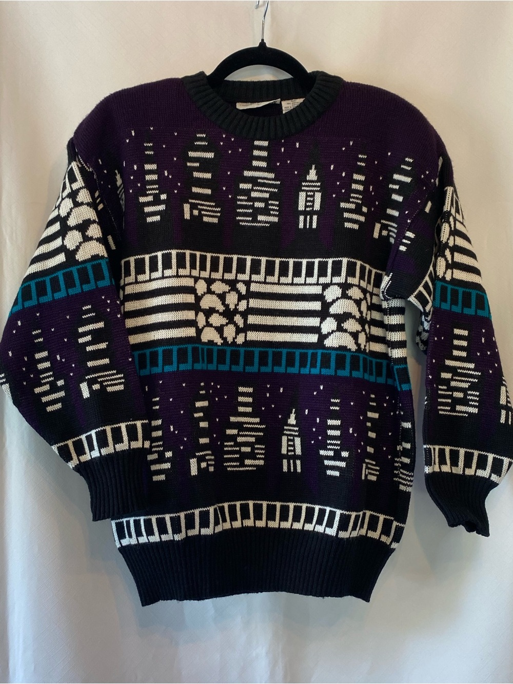 Women's Vintage Purple Psychedelic Cityscape Soft Knit Crewneck Sweater SM - Picture 2 of 13